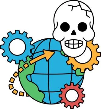 A skull is surrounded by gears and a globe Stock Illustration
