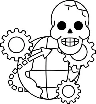 A skull is surrounded by gears and a globe Stock Illustration