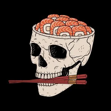 Skull with sushi instead of brain vector illustration on black background Stock Illustration