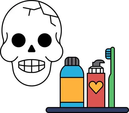 A skull is on a table next to a bottle of toothpaste and a toothbrush Stock Illustration