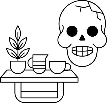 A skull is on a table next to a plant and two cups Stock Illustration
