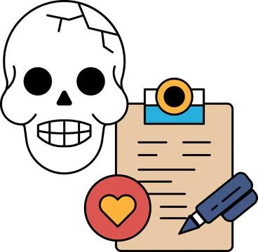 A skull is on a table with a pen and a piece of paper Stock Illustration