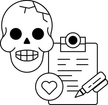 A skull is on a table with a pen and a piece of paper Stock Illustration