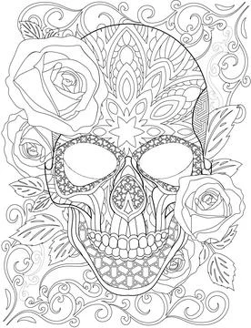 Skull Tattoo Drawing Surrounded By Roses And Eaves With His Mouth Closed Stock Illustration