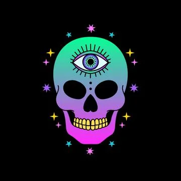 Skull with third eye in neon pink and green tones, surrounded by stars, gra.. Stock Illustration
