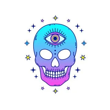 Skull with third eye in neon pink and blue tones, surrounded by stars, grad.. 스톡 일러스트