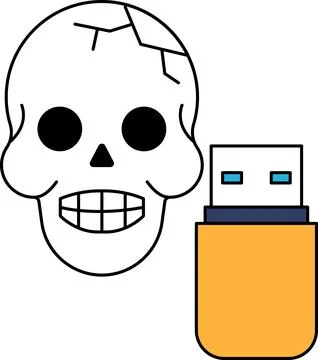A skull with a USB drive in front of it Illustrazione stock