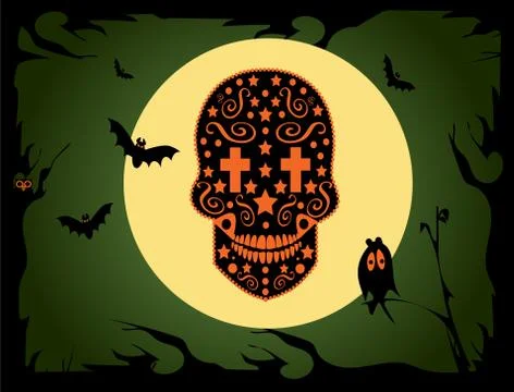 Skull vector background with owl and bats Ilustración de archivo