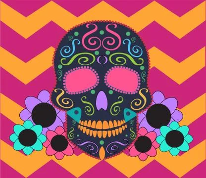 Skull vector with flowers and zig-zag background 스톡 일러스트
