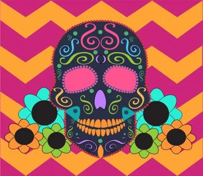 Skull vector with flowers and zig-zag background Illustration