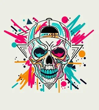 Skull vector with hip hop hat graffiti style, pink, blue and yellow isolated on Illustration