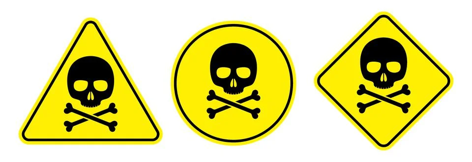 Skull warning sign vector set. Triangle, circle, and rectangle shape danger zone Stock Illustration