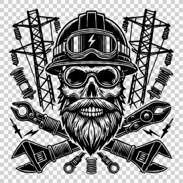 Skull Wearing Electrical Worker Hard Hat wear goggles towers Stock-Illustration