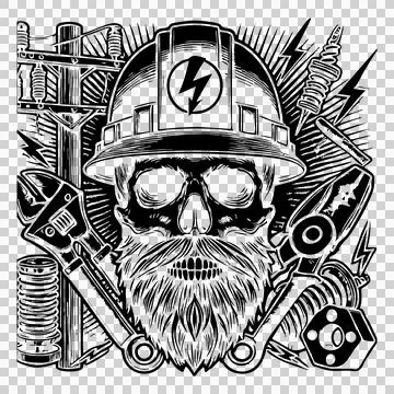 Skull Wearing Hard Hat With Tools lightning bolt beard Stock Illustration