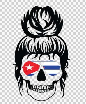 Skull Wearing Sunglasses With Flag Reflection messy bun Stock Illustration