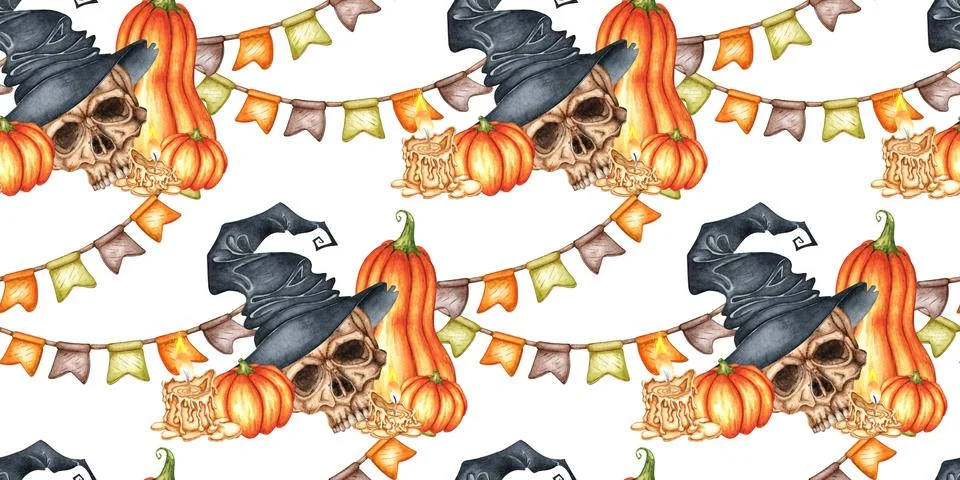 Skull in witch hat pumpkin pattern watercolor Illustrazione stock
