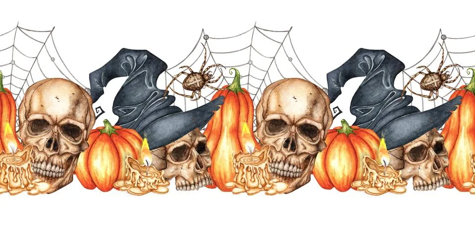 Skull witch hat pumpkin spider web pattern horizontal watercolor 스톡 일러스트