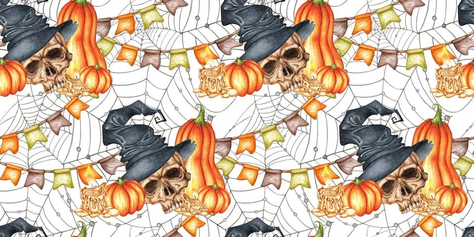 Skull in witch hat pumpkins web pattern watercolor Illustrazione stock