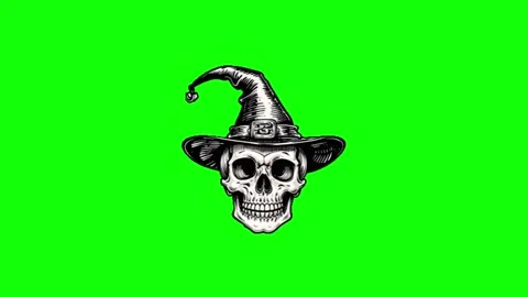 Skull Witch Hat Vintage Drawing Halloween Green Screen Overlay Stockbeeldmateriaal 345718243