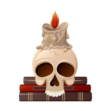 Skull without lower jaw with cracks on witch books. Stock Illustration