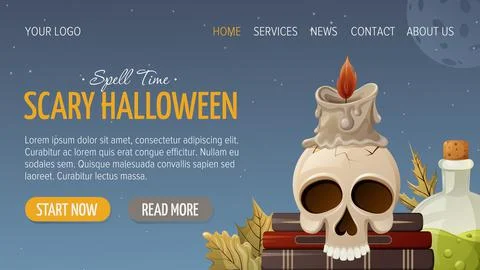 Skull without lower jaw on witch books. Burning wax candle. Potion Stock Illustration
