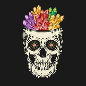 Skull without top like cup with crystals, gemstone Illustrazione stock