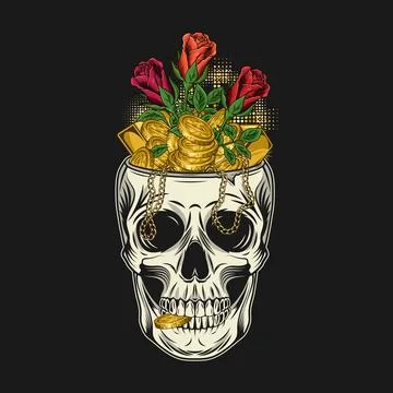 Skull without top like cup with treasure, roses Illustrazione stock