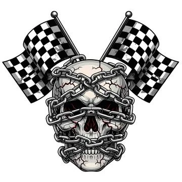 Skull wrapped in chains with checkered racing flags Illustrazione stock