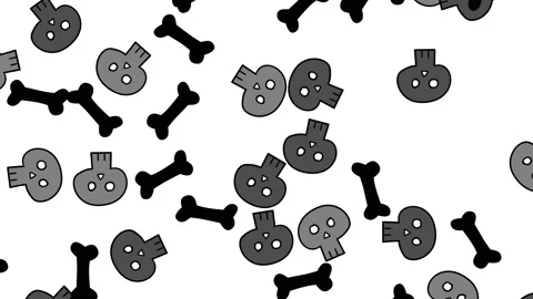 Skulls and bones in cartoon comic style flying on white background. Hand draw Stock Footage 148462931