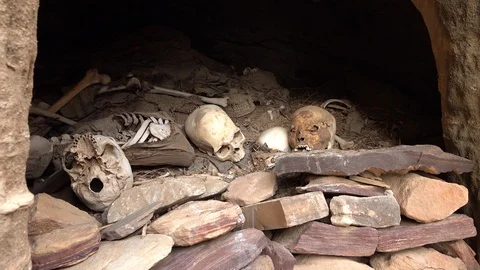 Skulls and bones at graveyard mountain church Ethiopia Africa Stock Footage 119258742