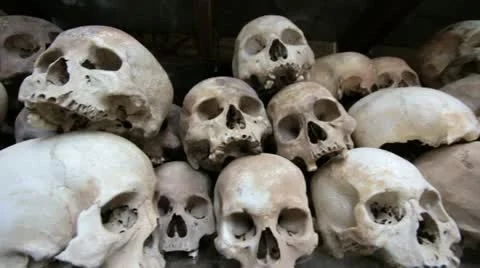 Skulls and bones in Killing field, cambodia, moving camera Stock Footage