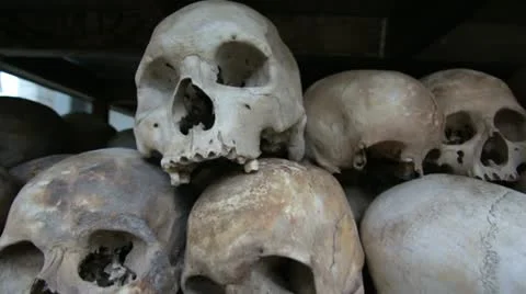 Skulls and bones in Killing field, cambodia, moving camera Stock Footage 12178532