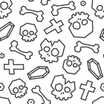 Skulls and bones low poly seamless pattern. Blue color on white background. Stock Illustration