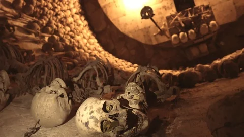 Skulls and bones in the ossuary Stock Footage 109388650
