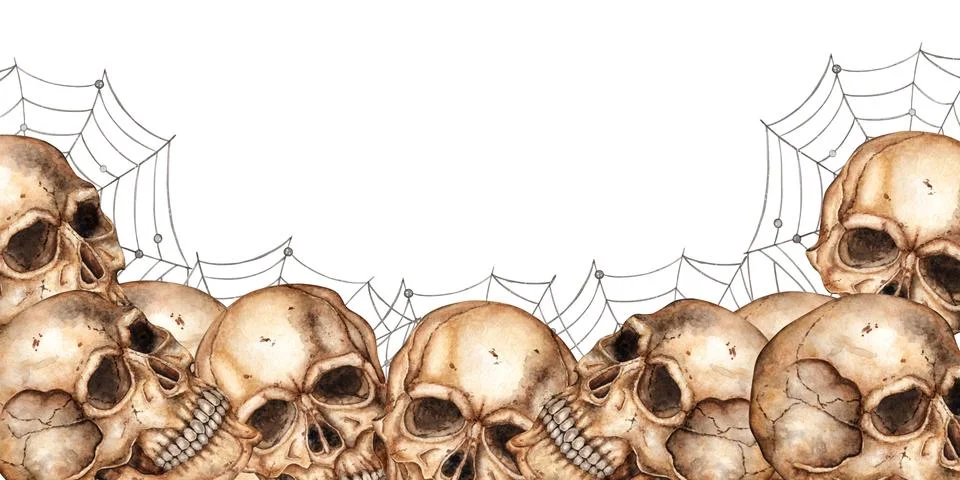 Skulls and cobwebs at the bottom of a rectangular frame in watercolor Illustrazione stock