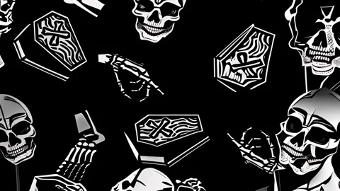 Skulls and coffins pattern animation with black and white contrast Stock Footage 308771393