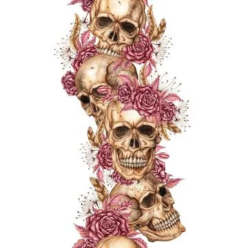 Skulls and roses pattern vertical watercolor Stock Illustration