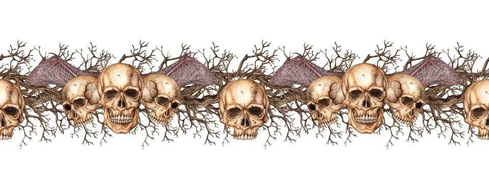 Skulls bat wings pattern horizontal watercolor Illustrazione stock
