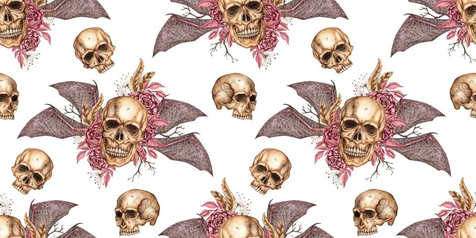 Skulls with bat wings roses pattern watercolor 스톡 일러스트