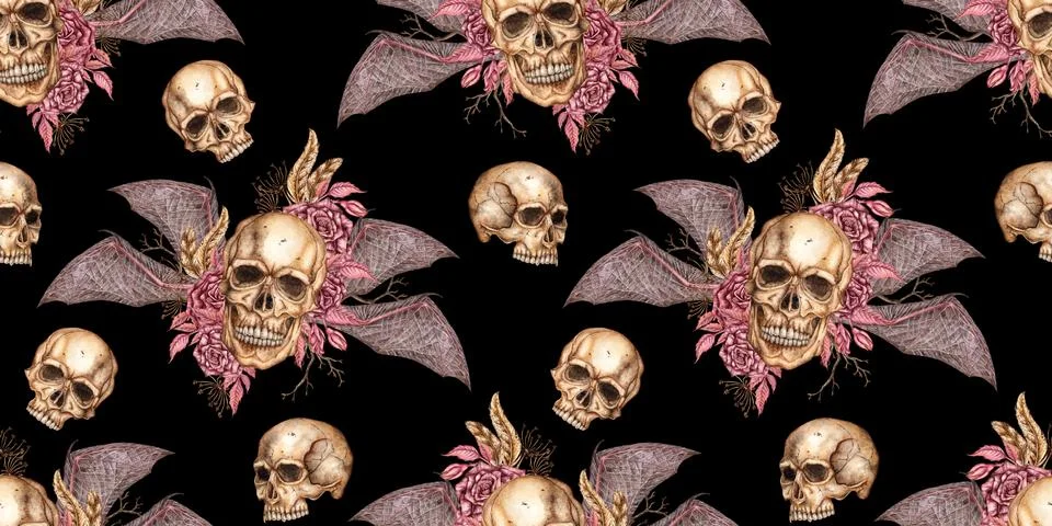Skulls with bat wings roses pattern on black background watercolor Stock Illustration