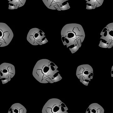 Skulls black seamless pattern. Lots of sculls, graphic stylized silhouettes.. 스톡 일러스트