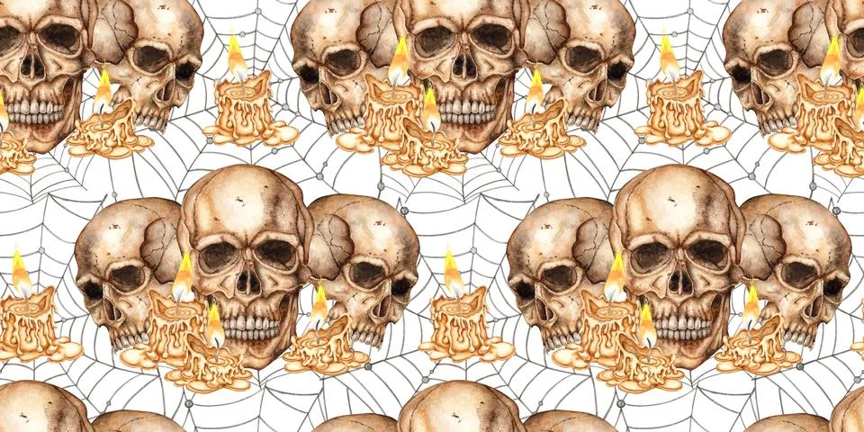 Skulls candles and web pattern watercolor Stock Illustration