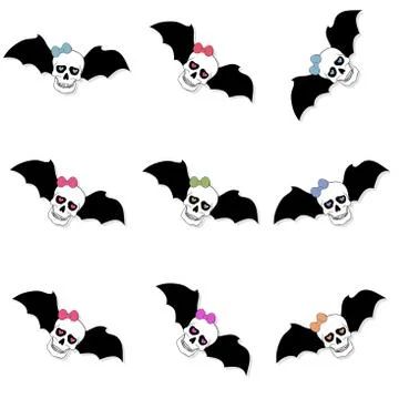 Skulls with colored bow and bat wings. Seamless pattern Stock Illustration