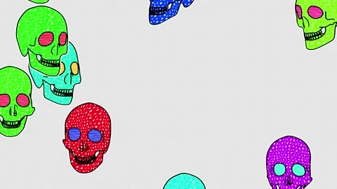 Skulls in comic style, fluorescent textures and patterns. Halloween 3D backdrop Vidéo 136513076