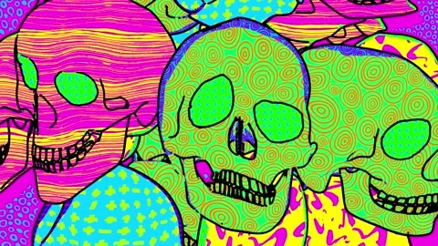 Skulls in comic style, fluorescent textures and patterns. Halloween zine culture Video stock 140748489