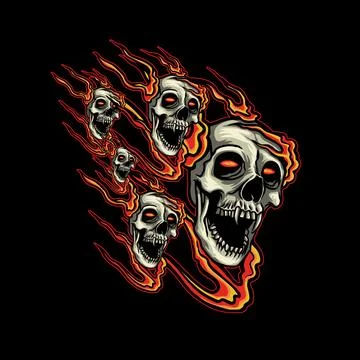 Skulls with fire flames on black background. Vector illustration for street.. Stock Illustration