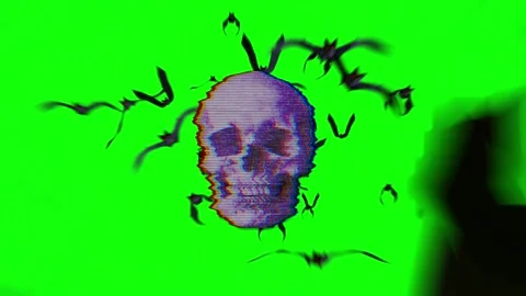 Skulls with flying bats on green background for halloween Video stock 337319288