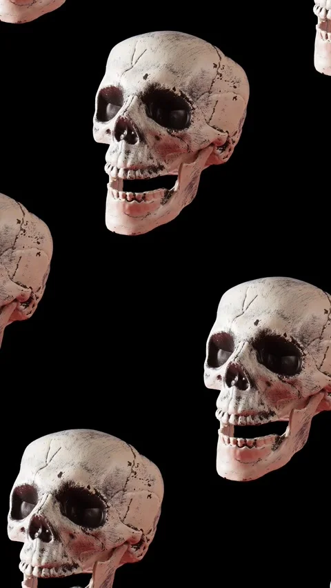 Skulls go up and down on a black colored background, pattern, vertical video Stock Footage 247909975