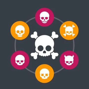 Skulls icons, bones, devil, fiend, heart-shaped eyes, in love, smiling skull Stock Illustration