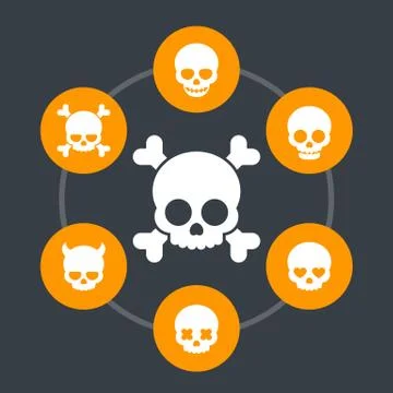 Skulls icons, bones, devil, fiend, lover, smiling skull, scary pictograms, ve Stock Illustration